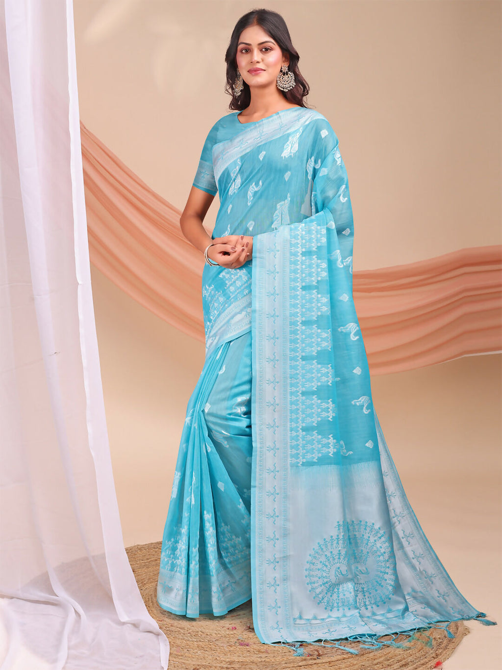 Shree Shyam Fashion Varnika Sky Blue Linen Cotton Saree | Grocsy