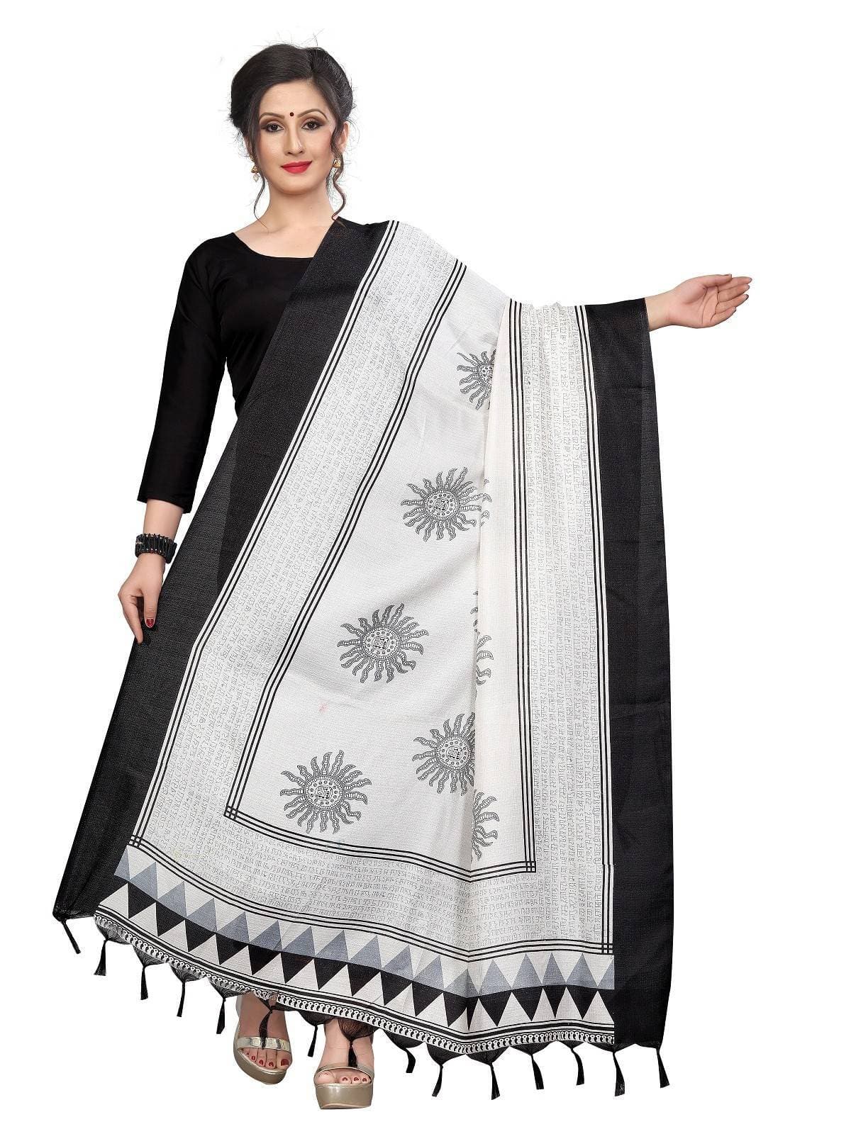 Vamika white and Black Printed Khadi Bhagalpuri Dupatta | Grocsy