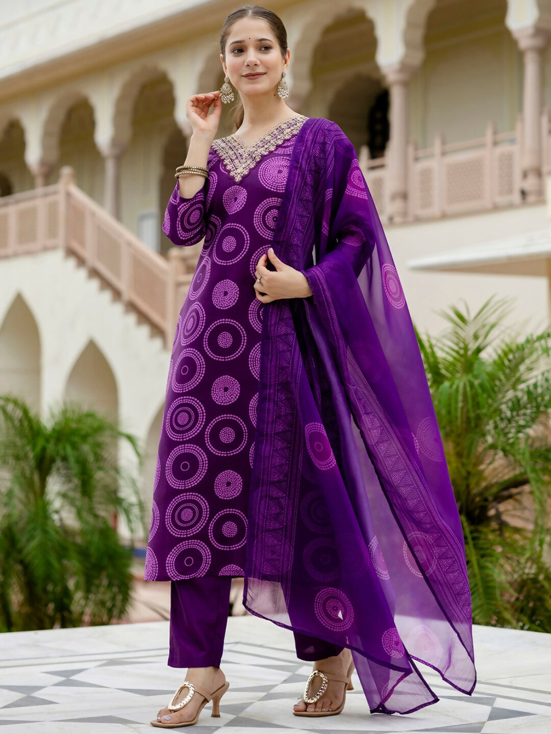 The52 Purple Women's Gorgeous Rayon Embroidered Straight Kurta with Pant And Dupatta Set | Grocsy