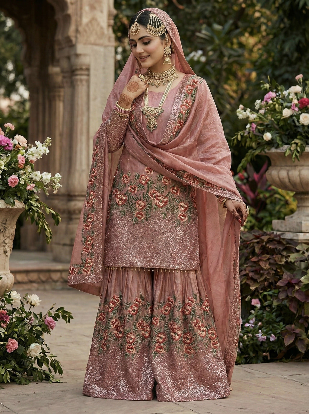Teeya Creation Peach Fendy Silk Heavy Embroidery Work Party Wear Sharara Suit | Grocsy