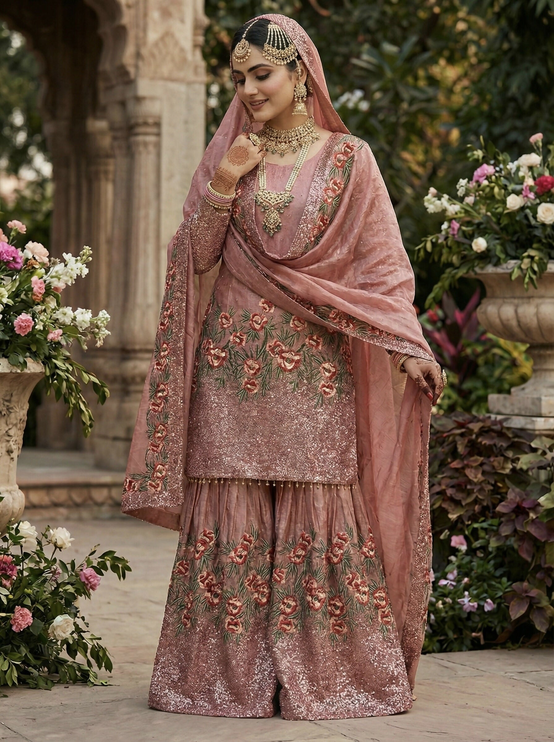 Teeya Creation Peach Fendy Silk Heavy Embroidery Work Party Wear Sharara Suit | Grocsy