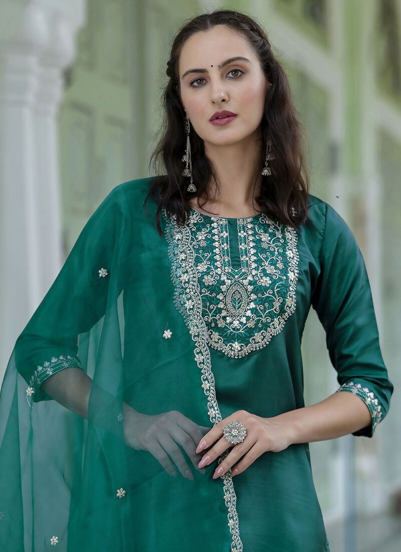 Vellora Green Silk Blend Casual Salwar Suit with Intricate Embroidery | Grocsy