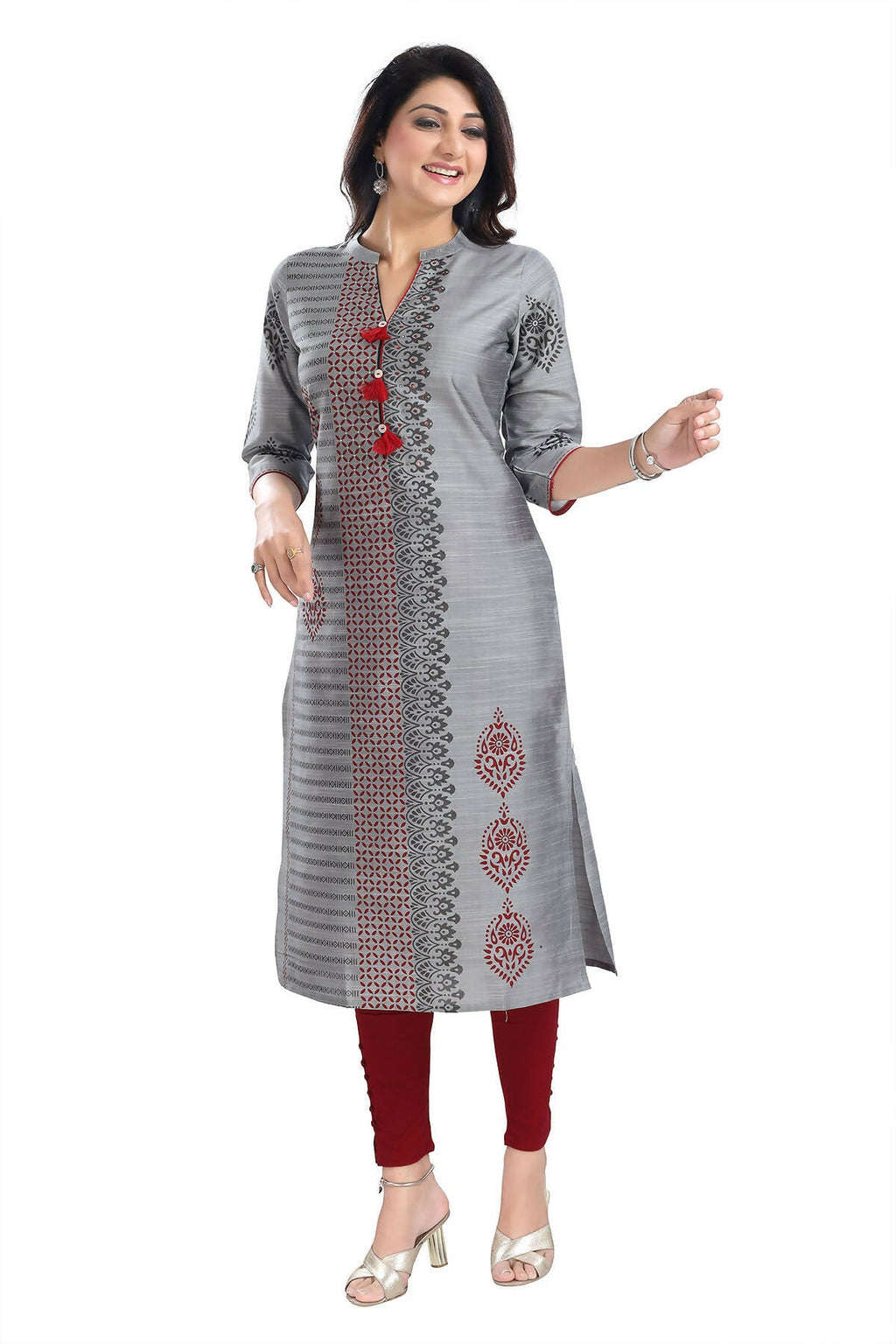 Snehal Creations Grey Raw Silk Block Print Long Kurta For Women | Grocsy