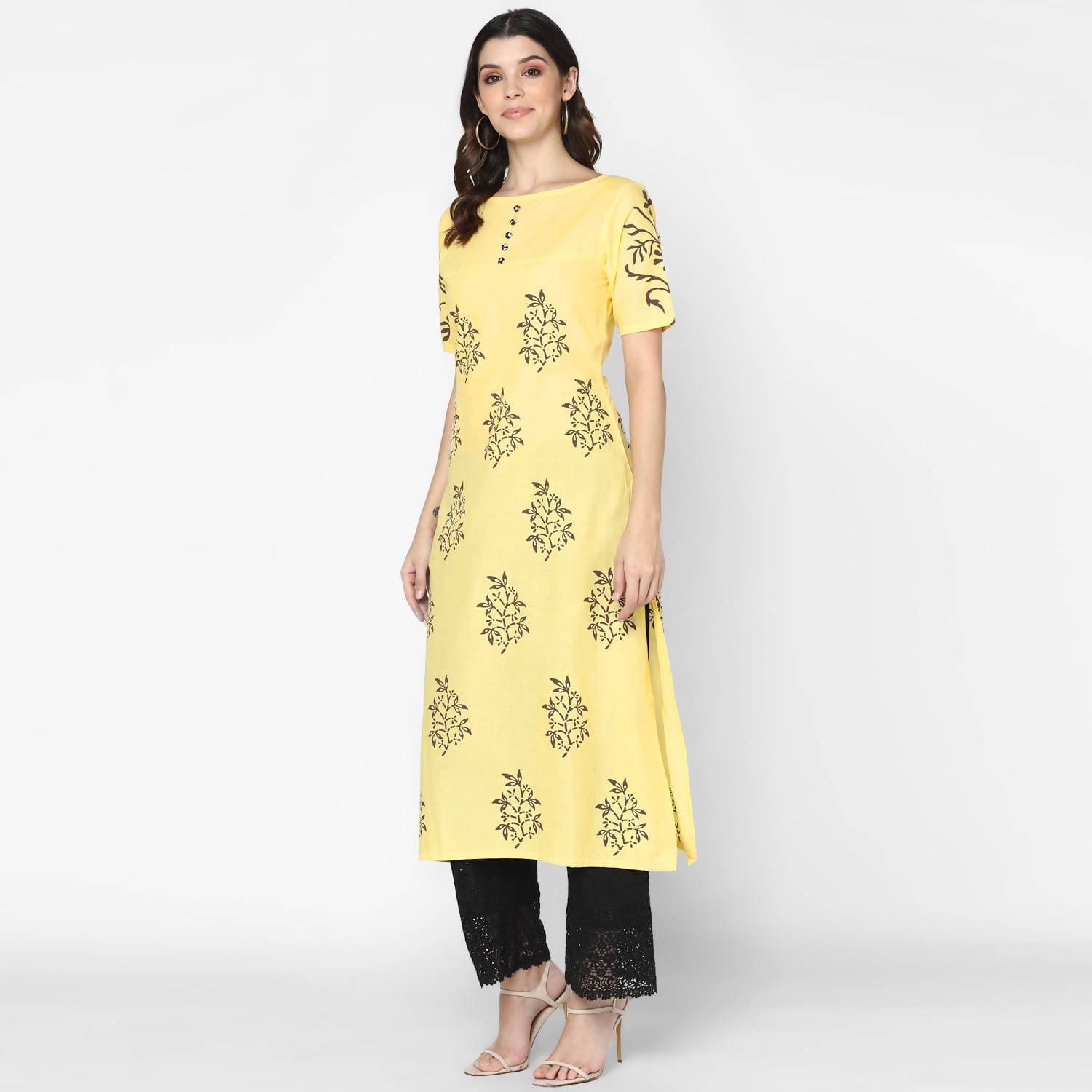 Cheera Hand Block Print Pale Yellow Straight Kurta (MAAI-056K) | Grocsy