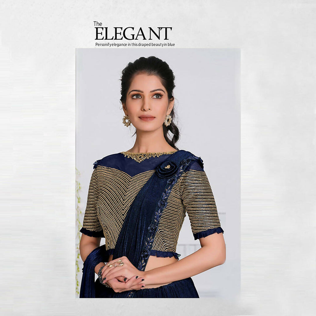 Navy Blue Lycra Cord And Sequins Embriodery Saree - Mohmanthan Izzara | Grocsy