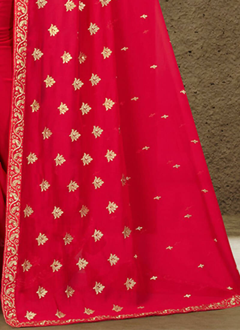 Red Georgette Embroidered Saree with Unstitched Blouse Piece - Avika | Grocsy