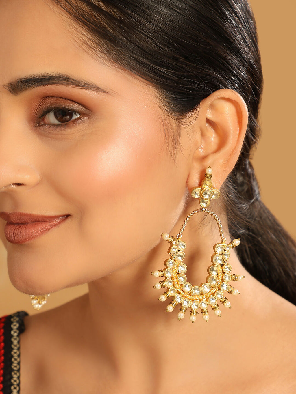 Nuyug 22k Gold Plated Royal Pearl Accent Kundan Earrings | Grocsy