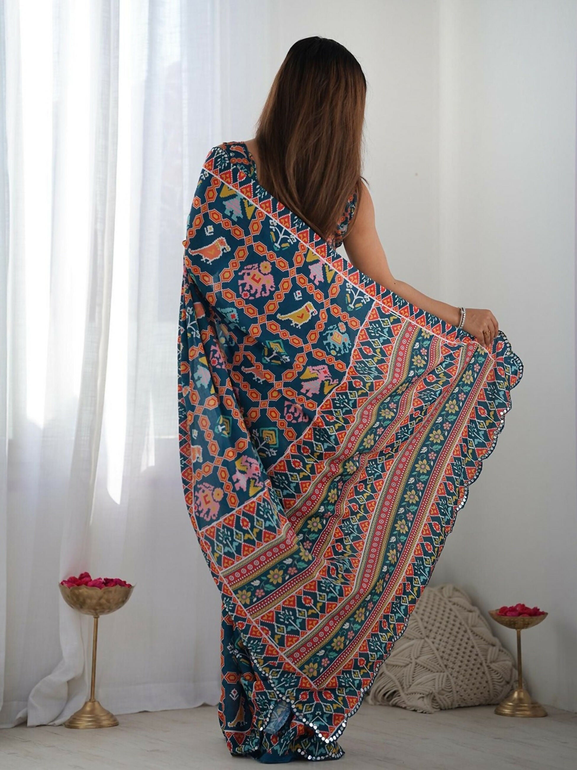 Designer Partywear Georgette Blue Fancy Saree-Durga | Grocsy