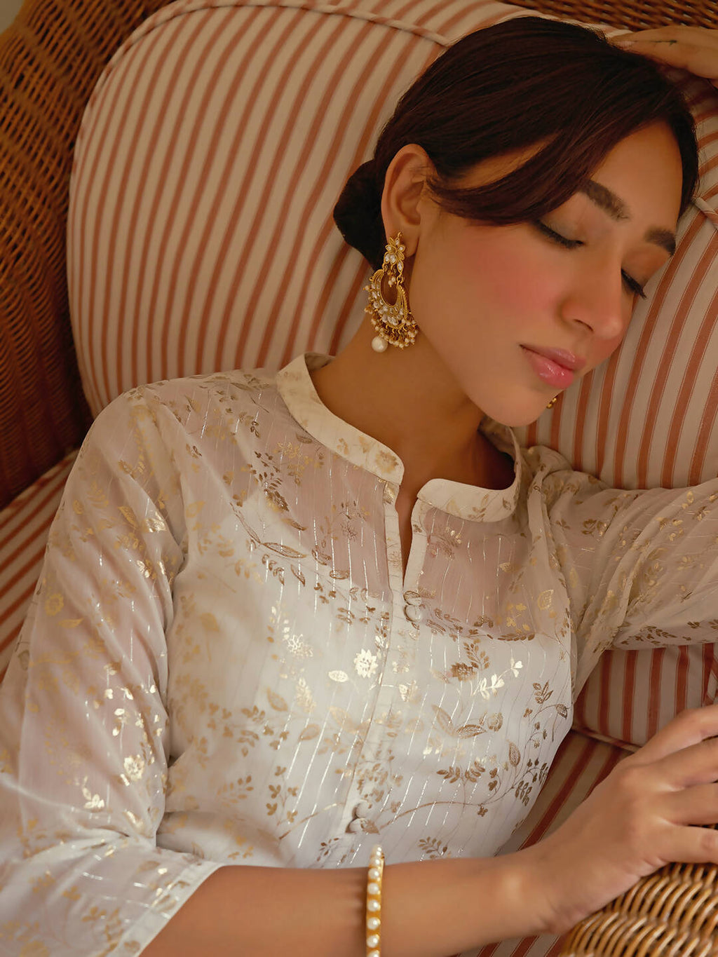 Janasya Women's White Chiffon Lurex Foil Printed Festive Flared Kurta Set | Grocsy