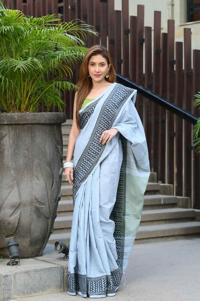 Beatitude Grey Cotton Jacquard Border Tangail Handloom Saree | Grocsy