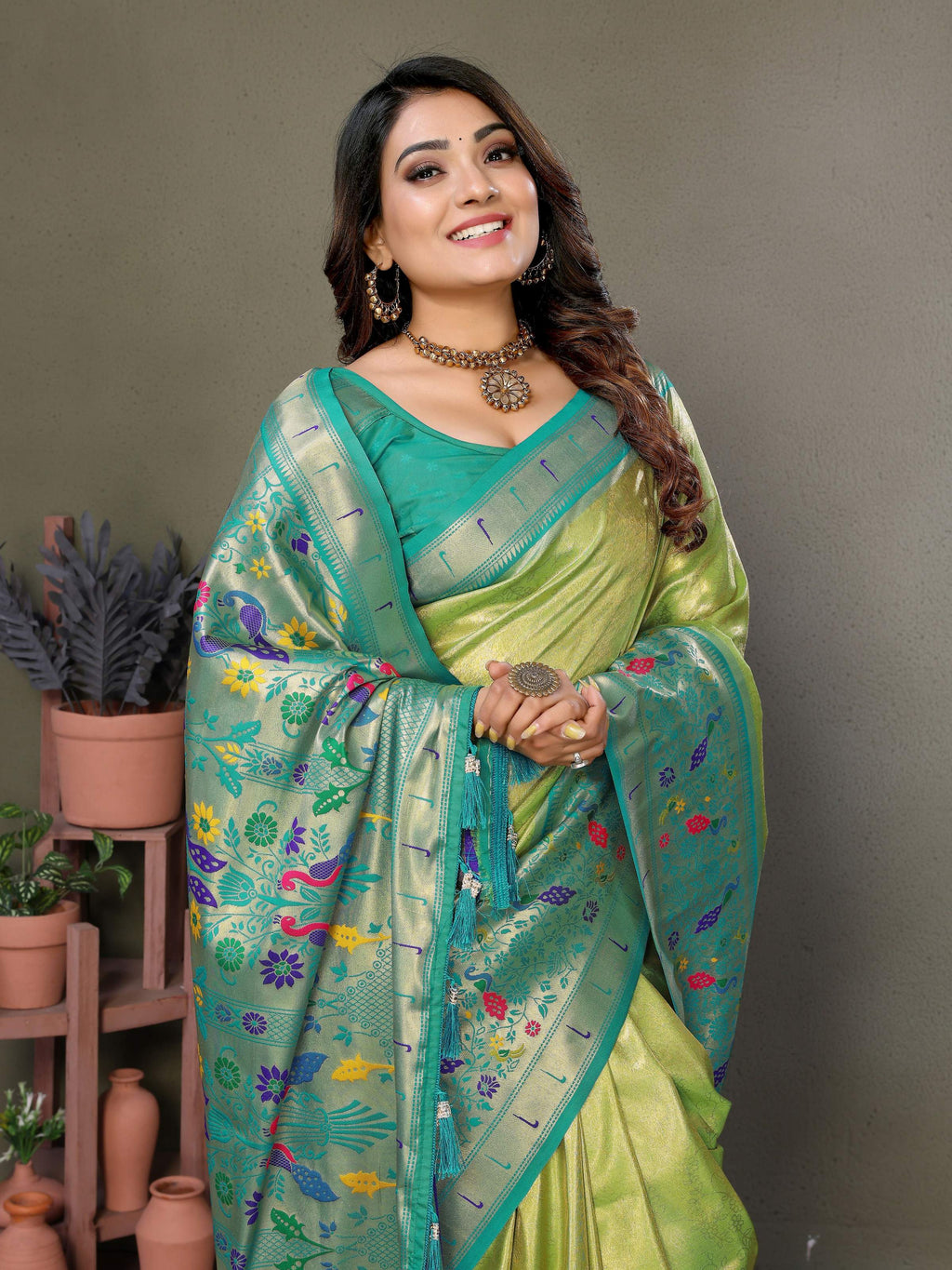 Aastha Fashion Pista Tissue Silk Paithani Woven Saree | Grocsy