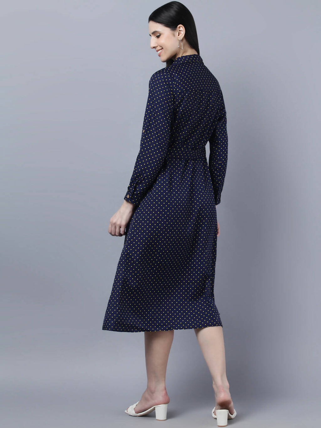 Myshka Women Navy Blue Yellow Printed Shirt Dress | Grocsy
