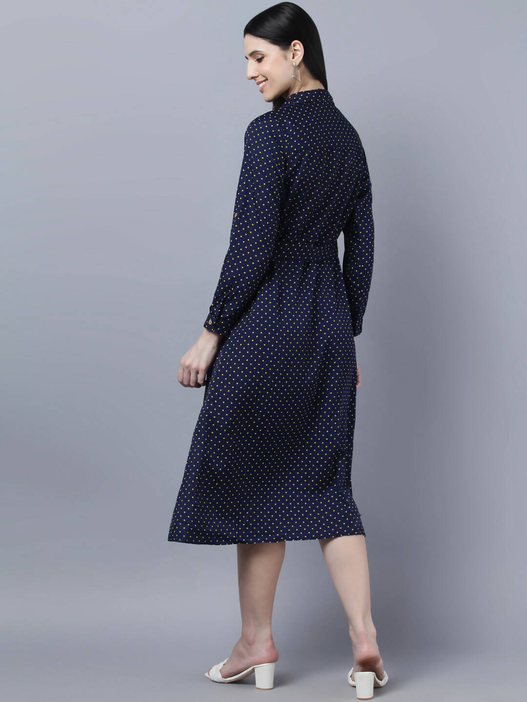 Myshka Women Navy Blue Yellow Printed Shirt Dress | Grocsy