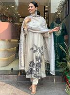 Teeya Creation New Womens Off-White Handloom Silk Embroidered Kurti Pant Set | Grocsy