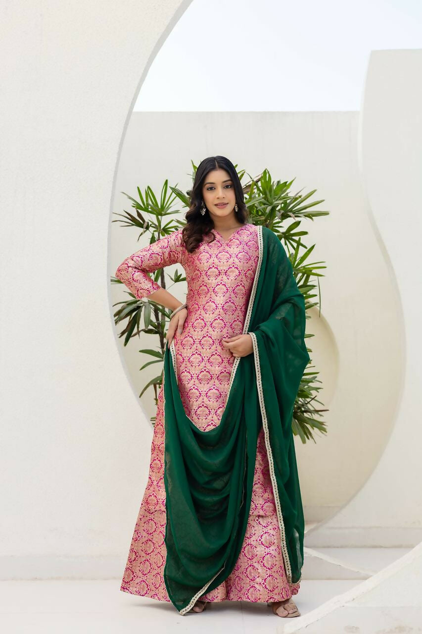 Joban Fashion Pink Jacquard Embroidered Sharara Set | Grocsy