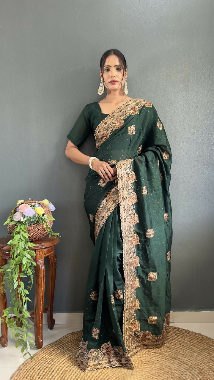 Vastranavya Green Vichitra Silk Zari with Swarovski Work Ready to Wear Saree | Grocsy