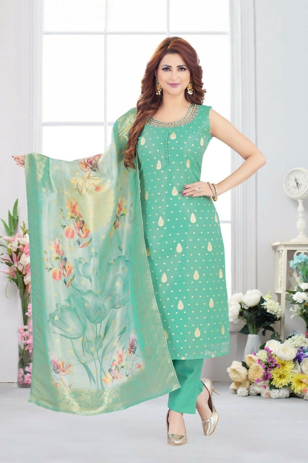 Joban Fashion Jacquard Rama Green Color Kurta Set | Grocsy