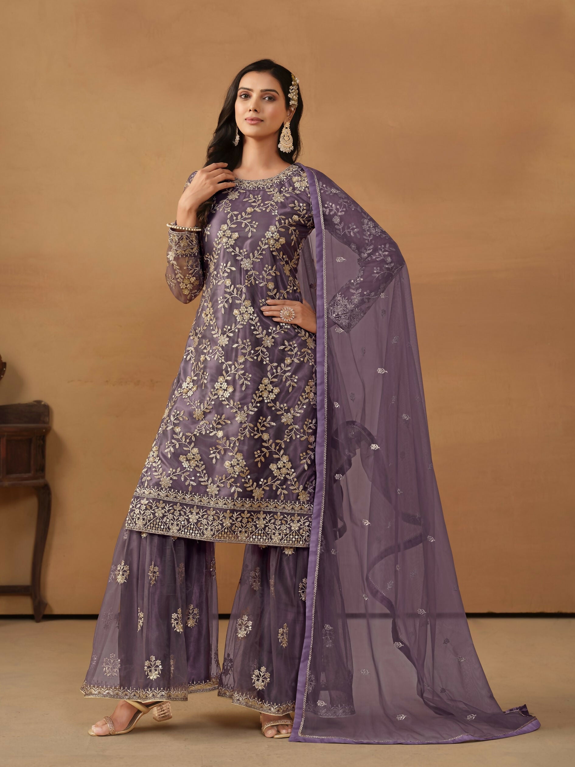 Anaita Purple Embroidered Net Salwar Suit | Grocsy