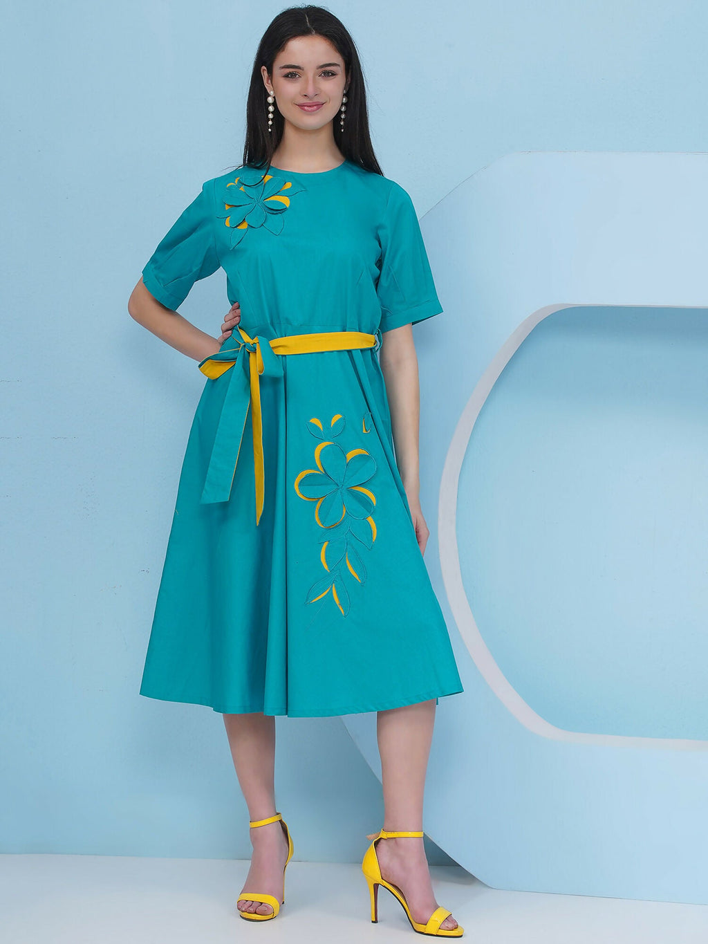 Joban Fashion Teal Blue Dress with Belt | Grocsy