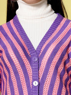 Women Violet Acrylic Stripe Cardigan - Wool Trees | Grocsy