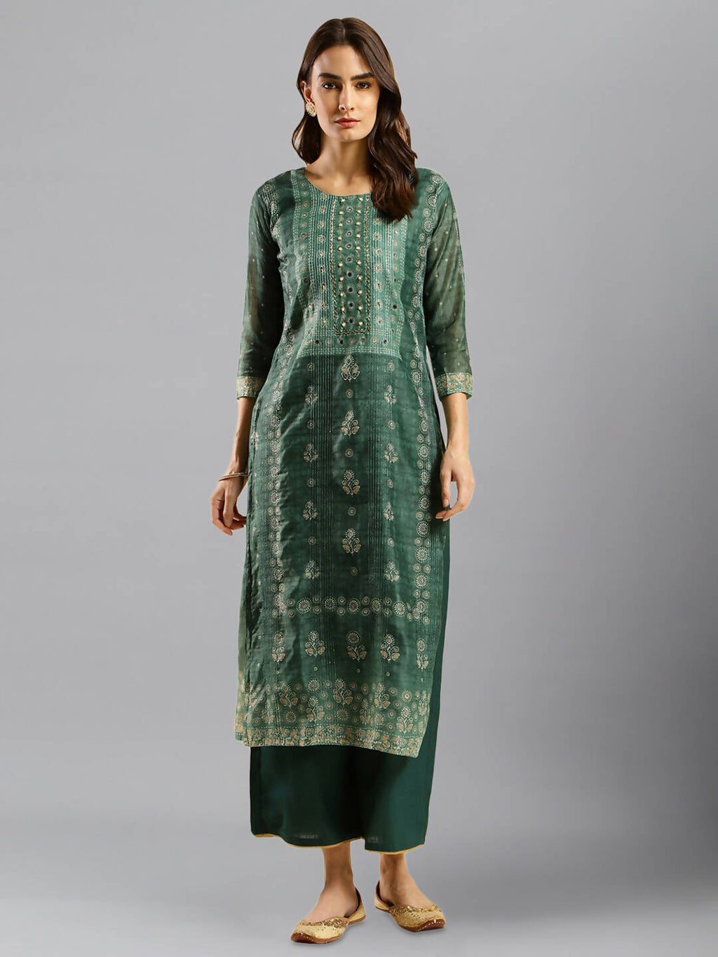 Sea Green Chinon Digital Printed With Hand Work Kurta - Himanshi | Grocsy
