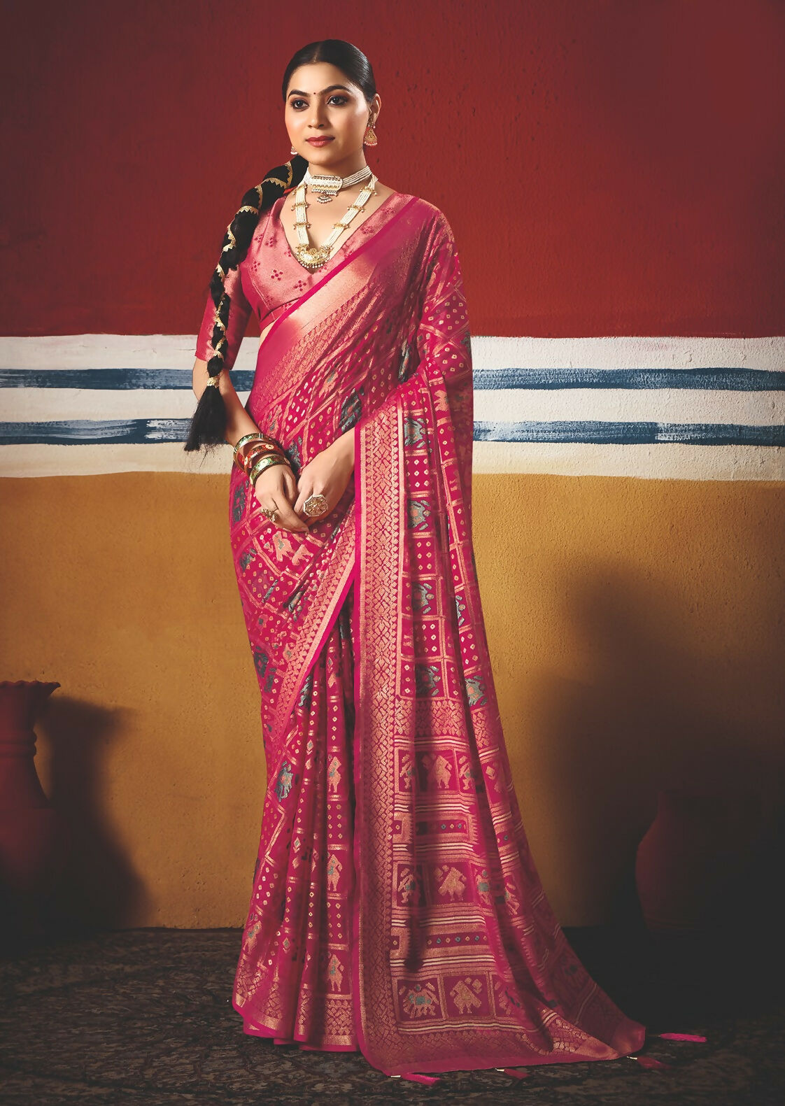 Joban Fashion Pink Dull Moss Brasso Saree | Grocsy
