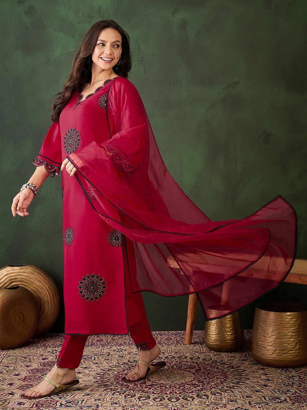 Sangria Zari Sequence Embroidered Kurta & Trouser With Dupatta | Grocsy
