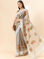 Grey Organza Floral Embroidered Saree with Unstitched Blouse Piece - Roozal | Grocsy