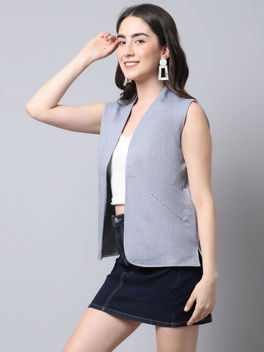 Even Apparels Grey Polyblend Open Front Women's Waistcoat | Grocsy