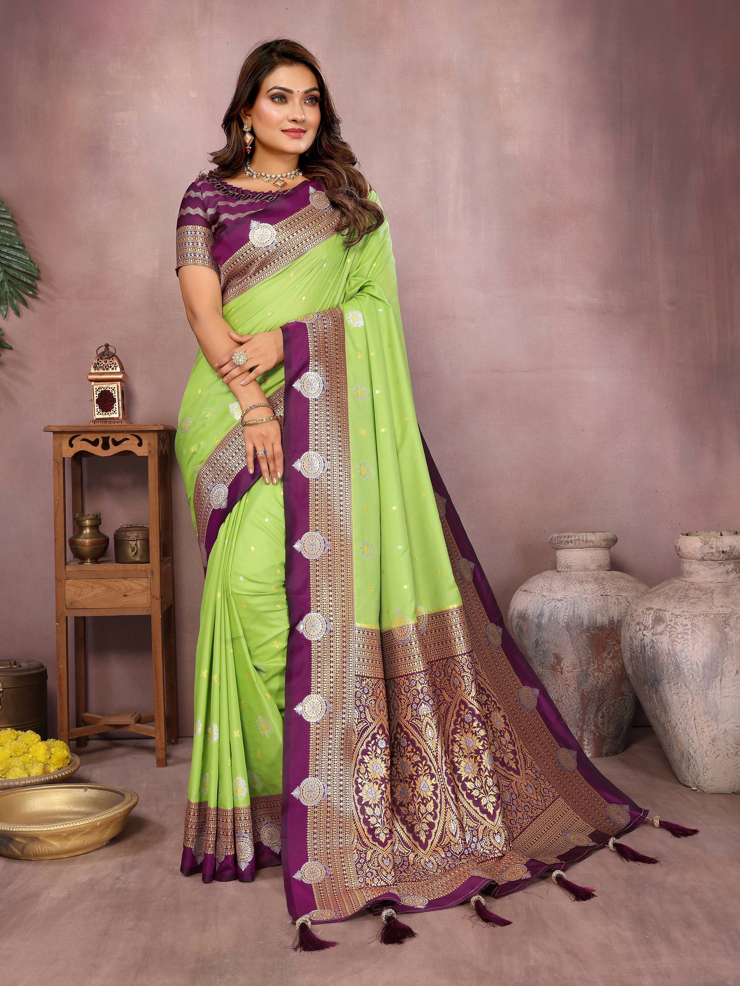 Aastha Fashion Parrot Green Silk Sarees Weaving Saree | Grocsy