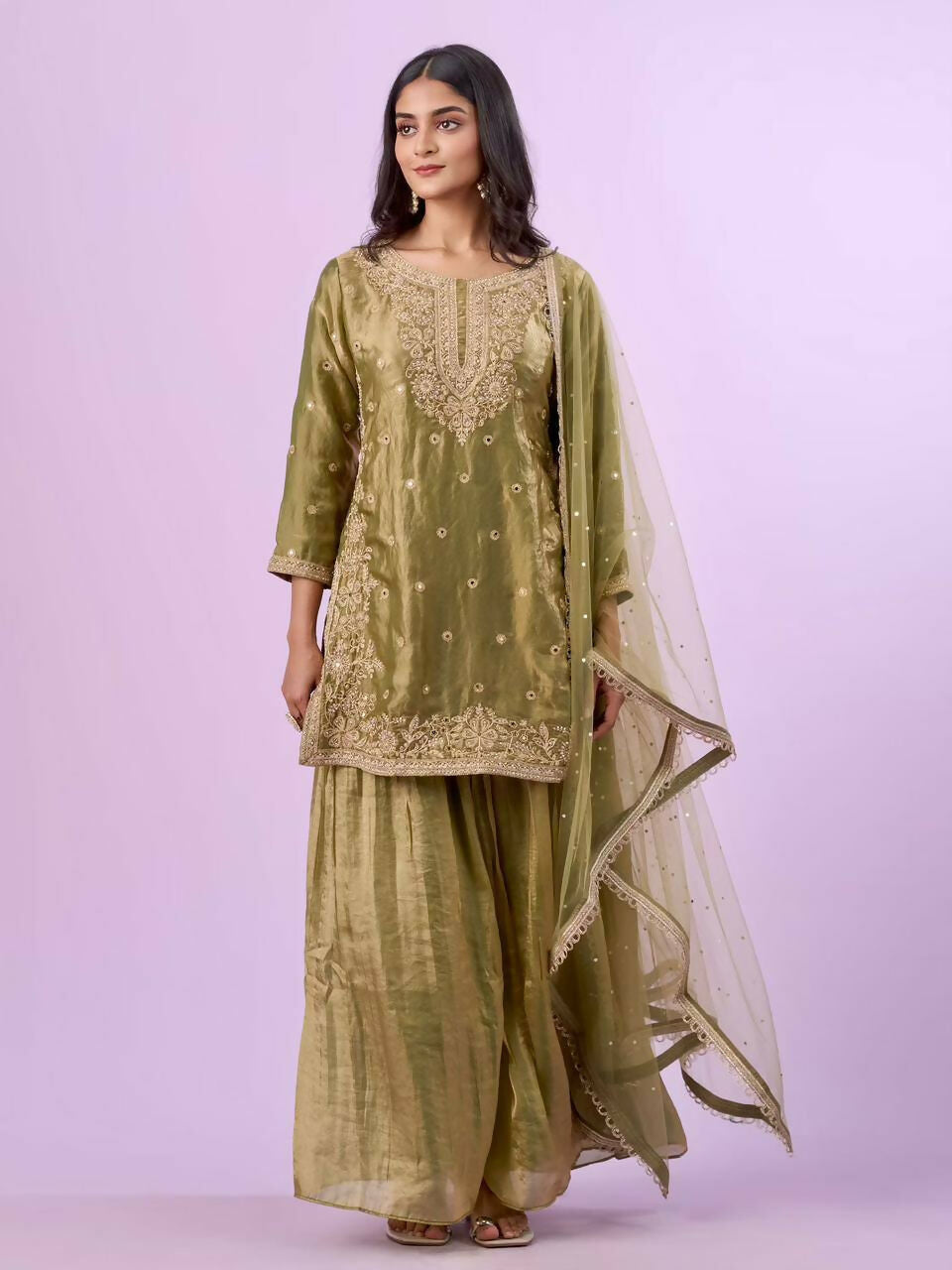 Teeya Creation New Trendy Womens Wedding Wear Kurta Palazzo Set - Light-Green | Grocsy