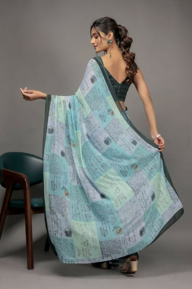 Pista Green Georgette Designer Printed Party Wear Saree - Cinderella | Grocsy