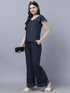 Myshka Women Navy Blue Ethnic Motifs Printed Pure Cotton Top with Palazzos | Grocsy