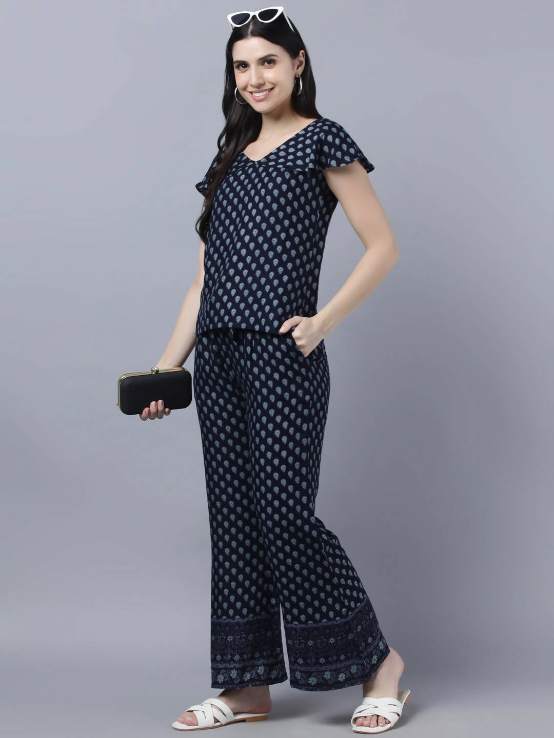 Myshka Women Navy Blue Ethnic Motifs Printed Pure Cotton Top with Palazzos | Grocsy