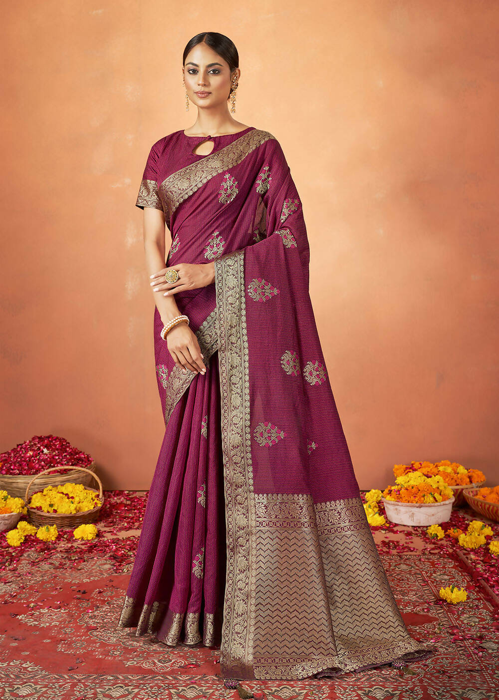 Maroon Tusser Silk Woven Design Saree With Unstitched Blouse Piece - Norita Royal Pradha | Grocsy