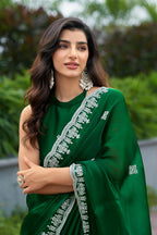 Vastranavya Green Embroidery Work Shimmer Chiffon Saree with Unstitched Blouse | Grocsy