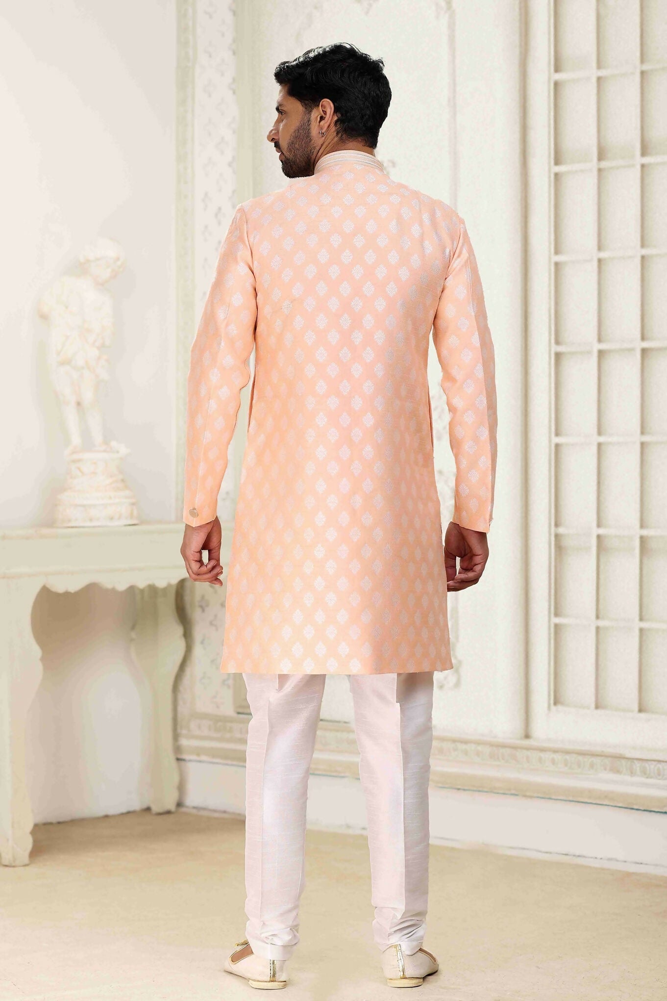 Raivat Ethnic Banarasi Jacquard Embroidery Semi Indo Western Sherwani In Peach Colour | Grocsy