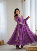 Teeya Creation Womens New Fancy Fox Georgette Heavy Quality Fabric With Handwork Lavender Gown Set | Grocsy