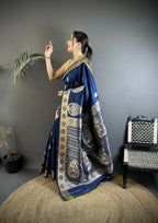 Joban Fashion Navy Blue Paisley Soft Silk Banarasi Saree | Grocsy