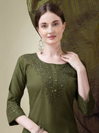 Jyoti Fashion Women's Mehendi Cotton Blend Embroidery & Sequence work Kurta with Trouser & Dupatta | Grocsy