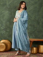 The52 Women's Beautiful Embroidery Work Silk Fabric Flared Kurta Pant and Dupatta Set-Sky | Grocsy