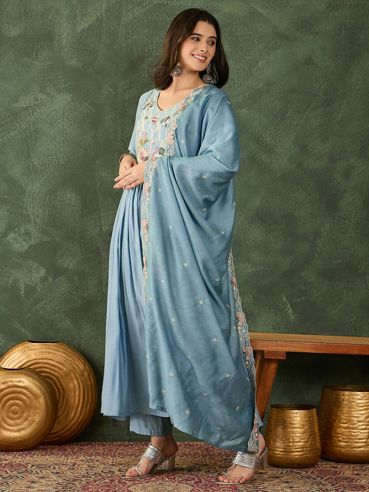 The52 Women's Beautiful Embroidery Work Silk Fabric Flared Kurta Pant and Dupatta Set-Sky | Grocsy