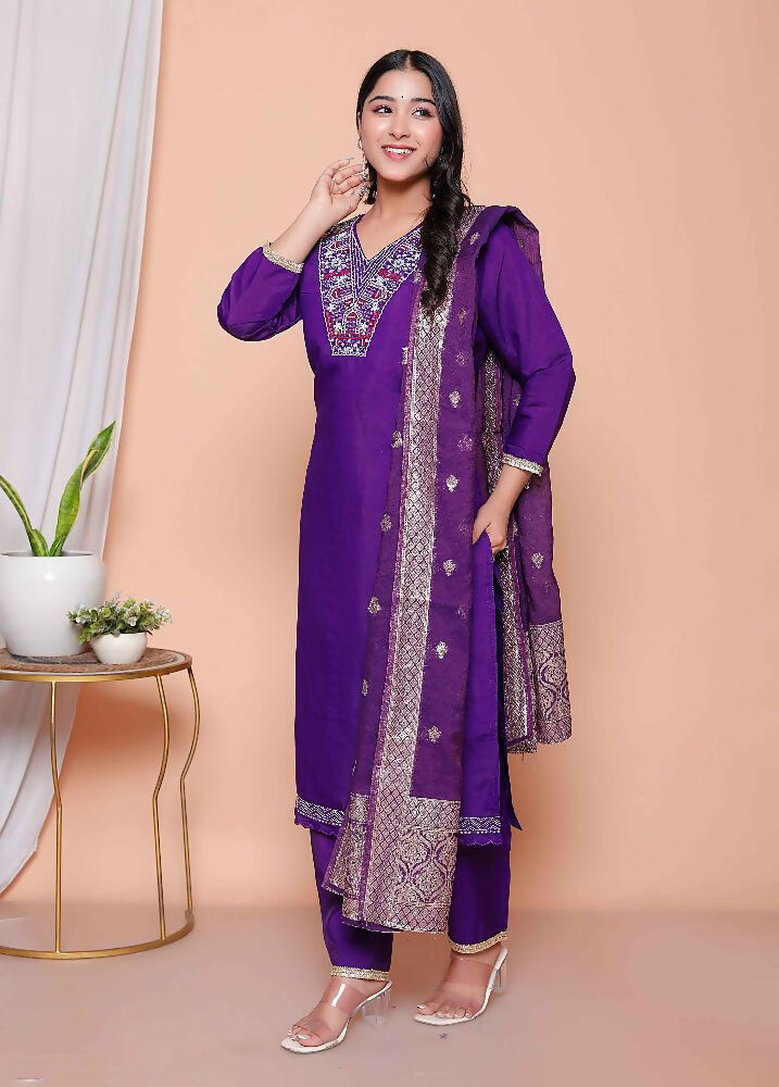 Miravan Womens Purple Muslin Straight Kurta And Palazzo With Dupatta Suit Set | Grocsy