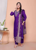 Miravan Womens Purple Muslin Straight Kurta And Palazzo With Dupatta Suit Set | Grocsy