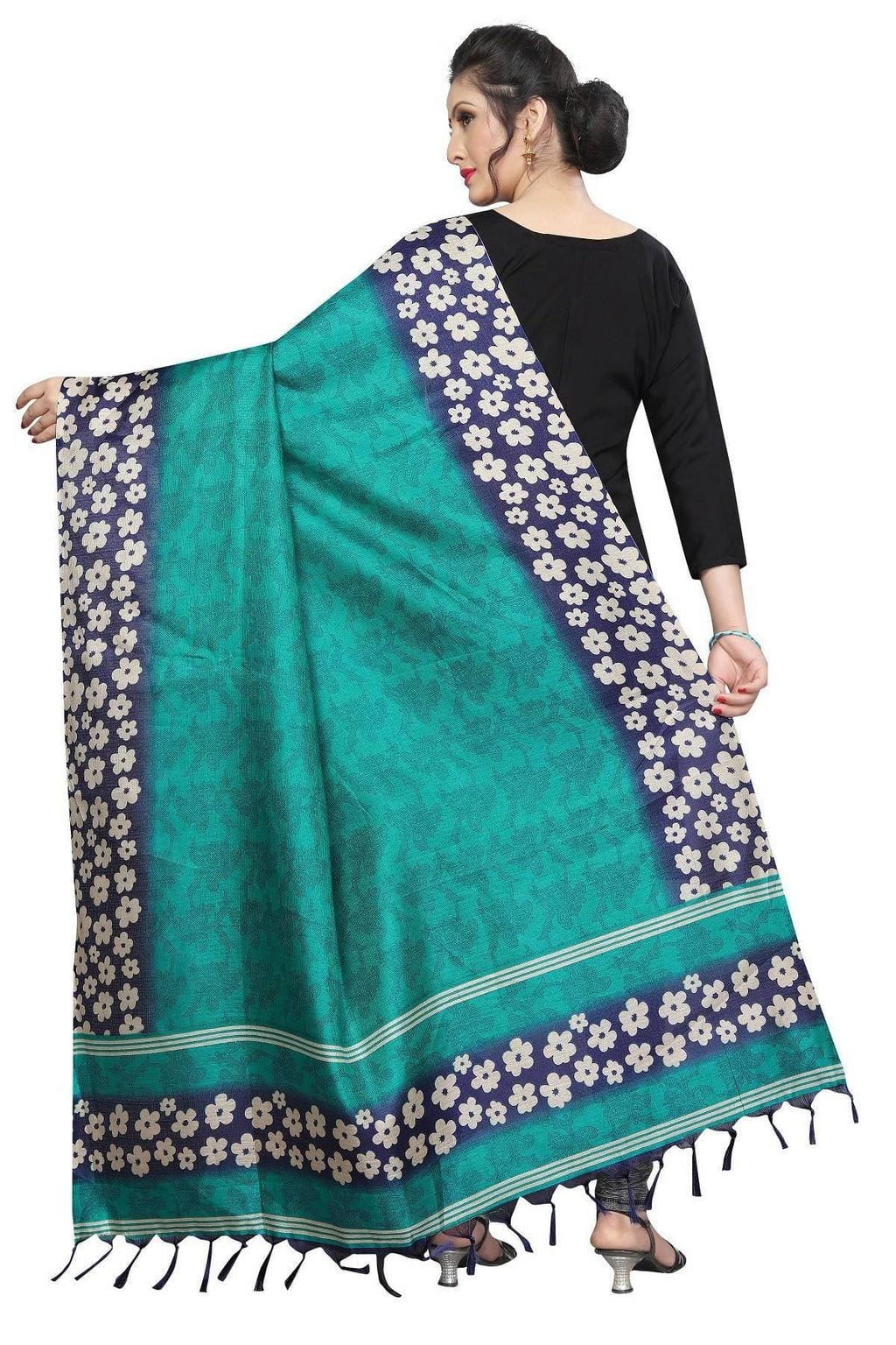 Vamika Rama Green Small Flowers Printed Khadi Bhagalpuri Traditional Dupatta | Grocsy