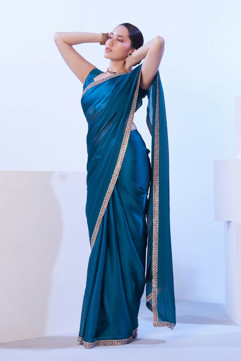 Firozi Satin Chiffon Solid Designer & Lace Work Saree - Samaa | Grocsy