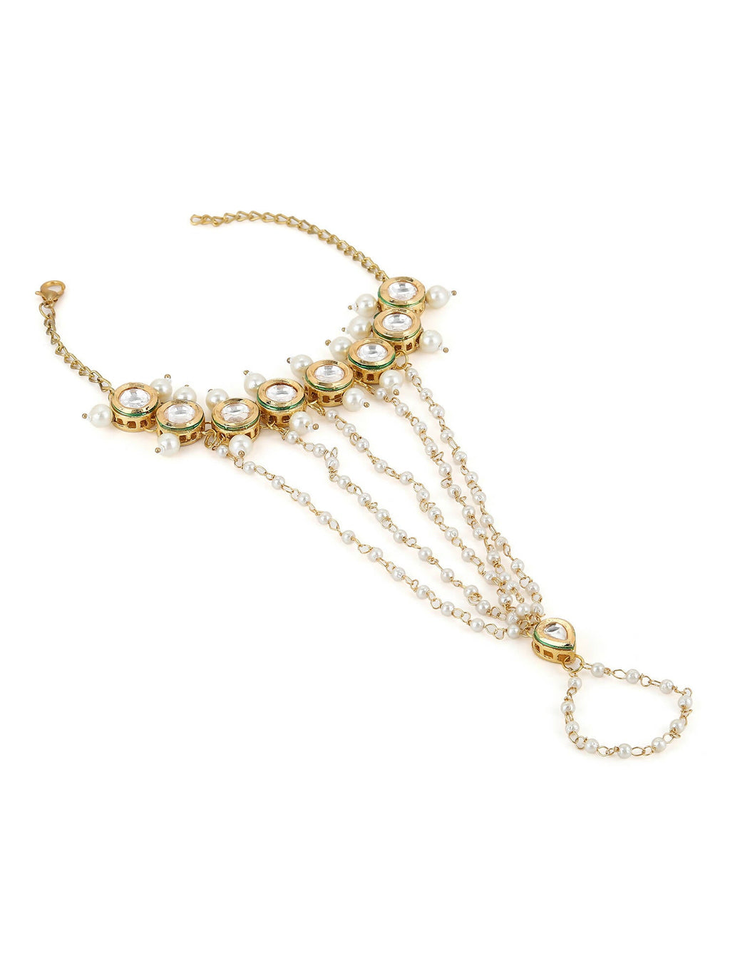 Women's Gold-Toned White Brass Kundan Gold-Polished Link Bracelet - Ruby Raang | Grocsy