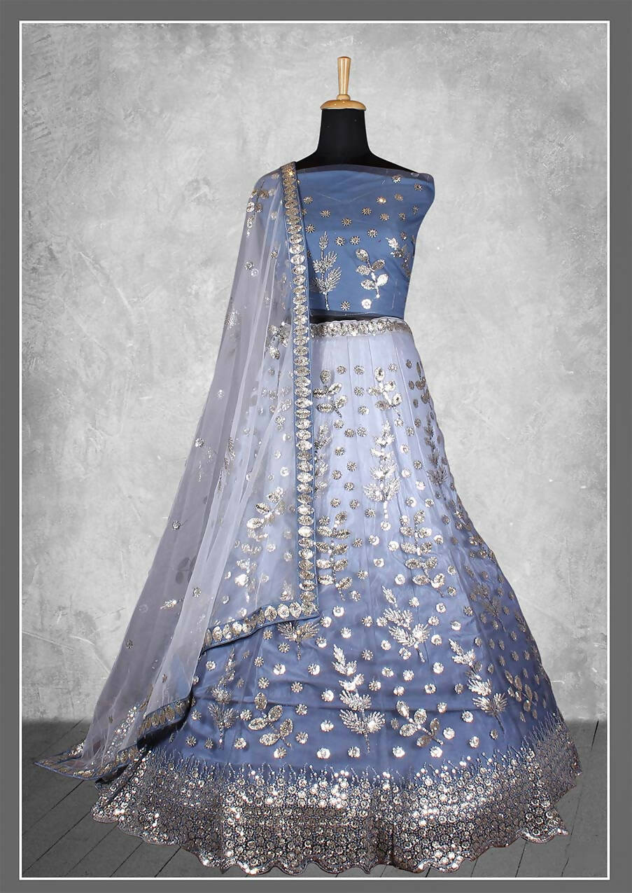 Grey Net Floral Sequins And Cord Embroidery, Cut Work Semi-Stitched Lehenga Choli - Nimaya Kangan | Grocsy