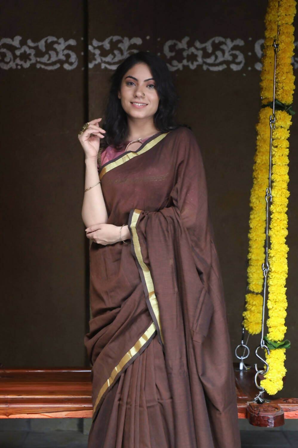 Very Much Indian Pure Cotton Handloom Saree With Intricate Borders - Brown | Grocsy