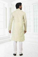 Raivat Ethnic Linen Cotton Thread Work Kurta Pajama In Pista Green Colour | Grocsy